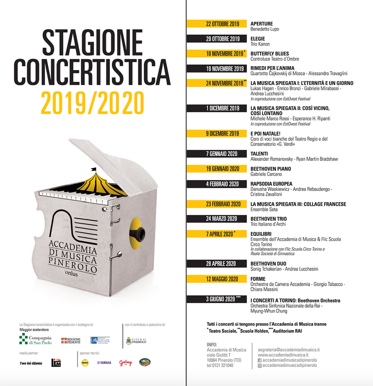 Calendario Stagione concertistica 2019/20 dell'Accademia di Musica di Pinerolo